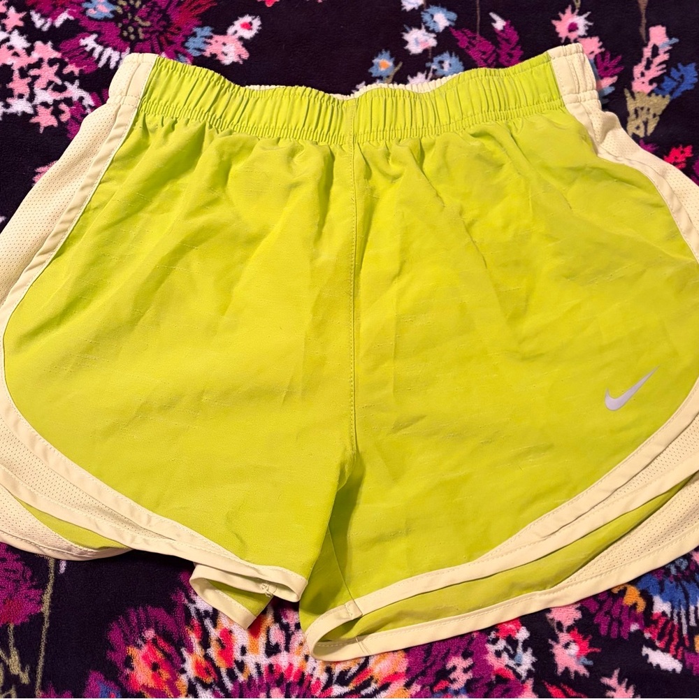 Nike Women’s Neon Green Dri-fit Running Shorts with lighter green trim